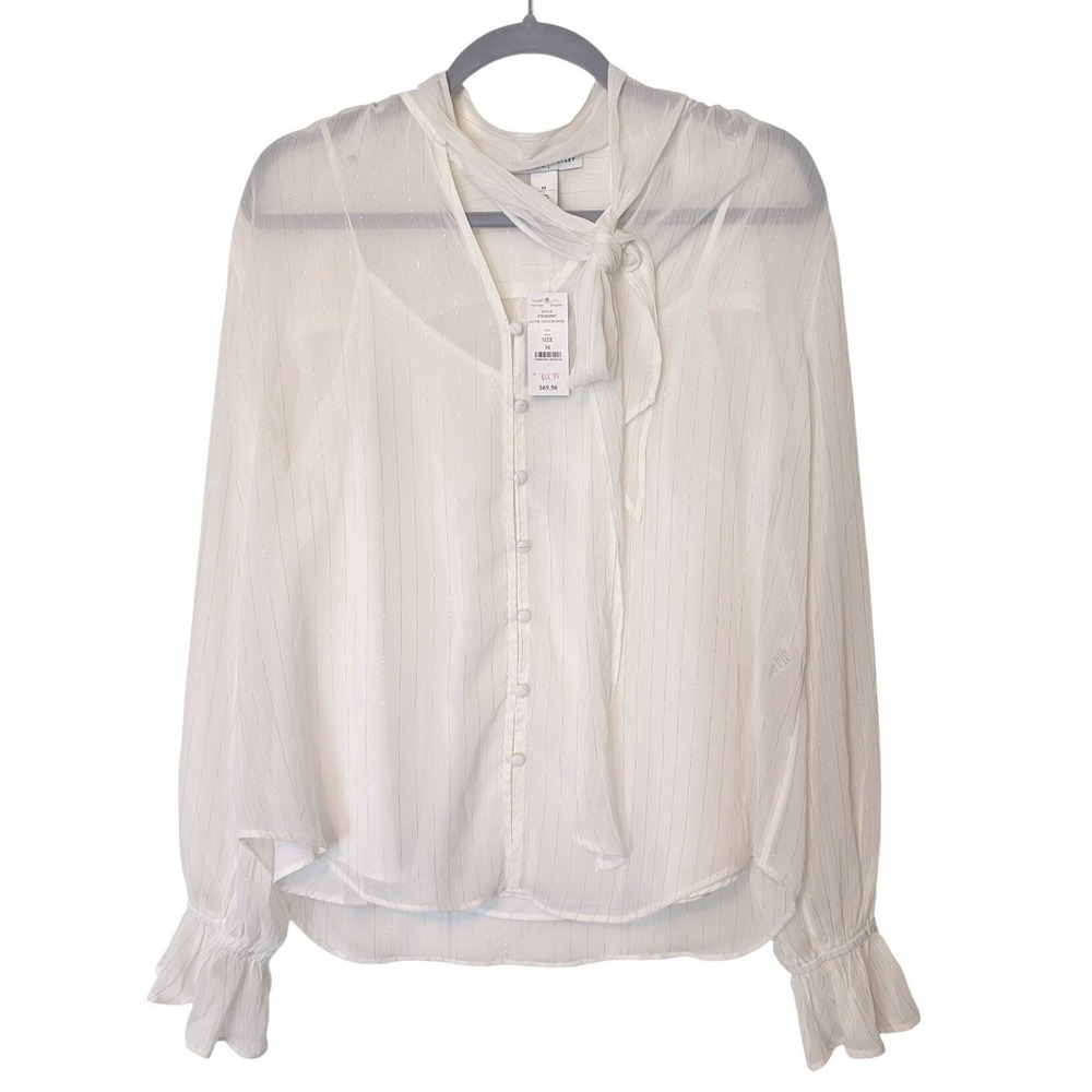WHBM Tie Neck Blouse NWT White Metallic Pinstripe Ruffle M Office Romantic Fairy - Picture 2 of 12